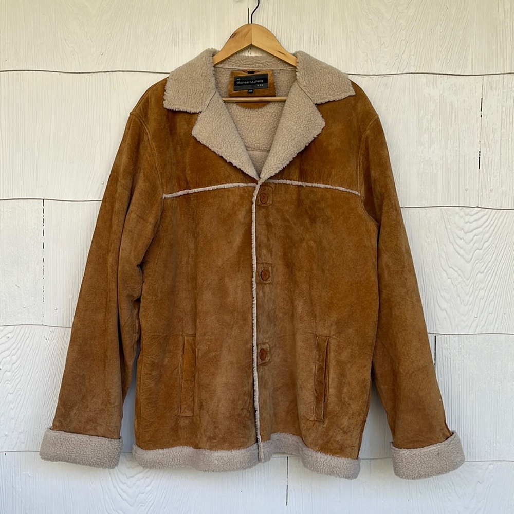 Vintage Genuine Leather Suede Coat Jacket Faux Fur Shearling Trim - Size XXL